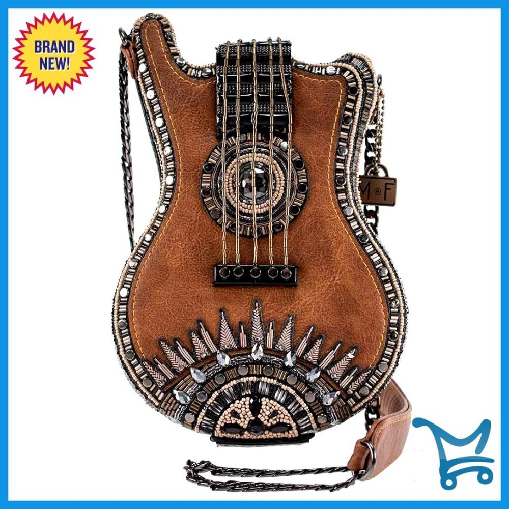 Guitar-Shaped Crossbody Bag with Beaded Detail, Vegan Leather, 6.5x9